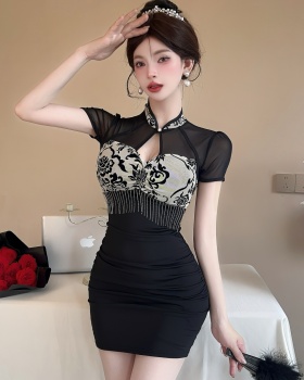 Splice gauze package hip sexy short bottoming dress