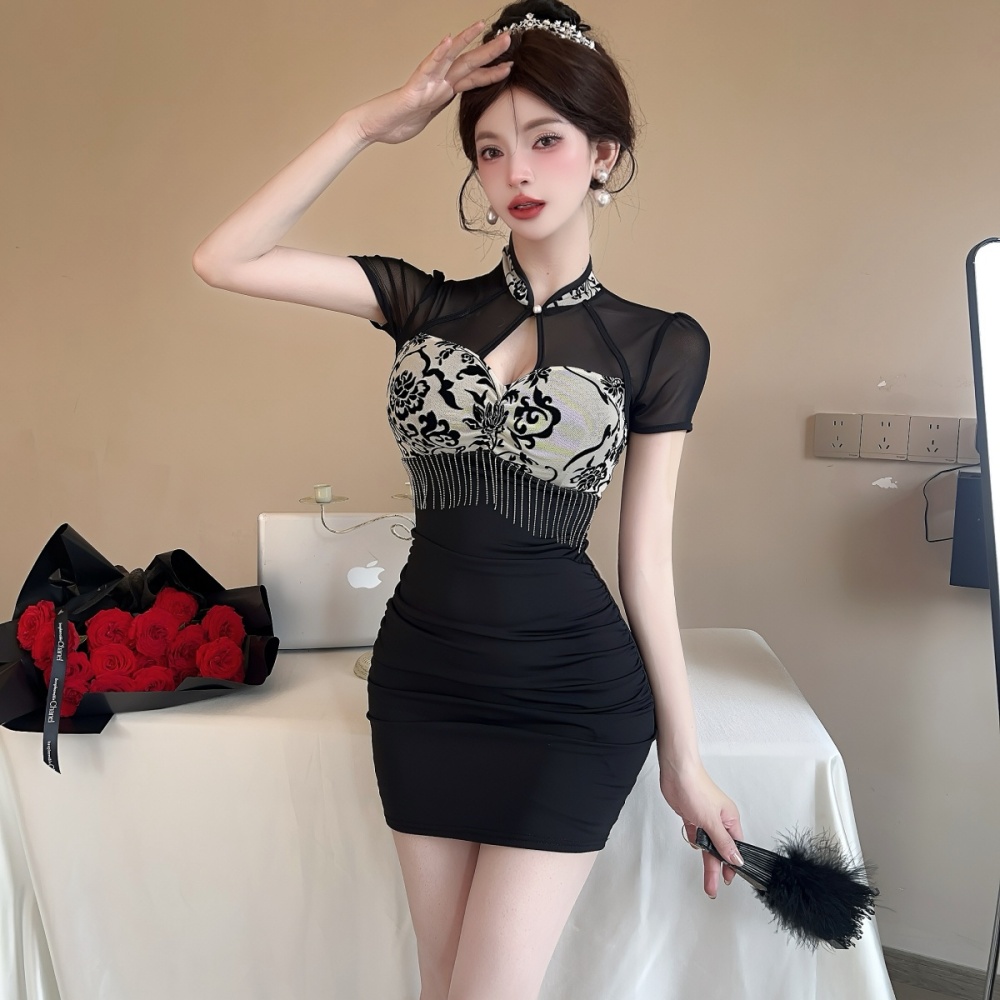 Splice gauze package hip sexy short bottoming dress