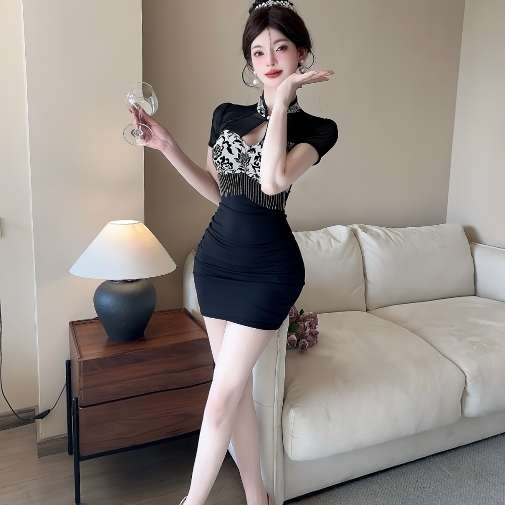 Splice gauze package hip sexy short bottoming dress