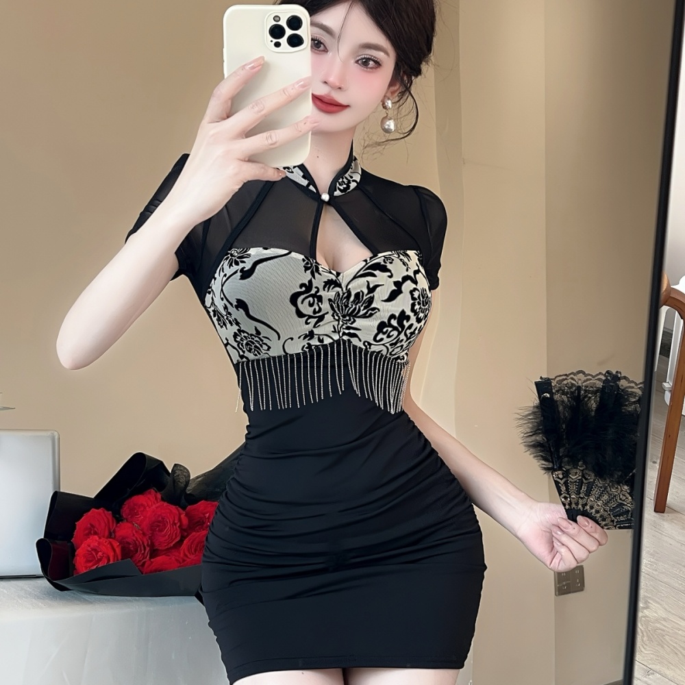 Splice gauze package hip sexy short bottoming dress