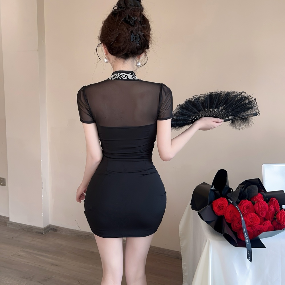 Splice gauze package hip sexy short bottoming dress