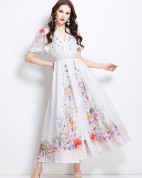 Flowers spring and summer long short sleeve retro dress