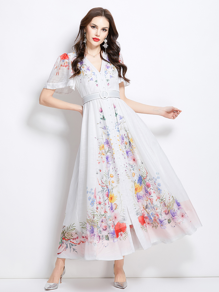 Flowers spring and summer long short sleeve retro dress