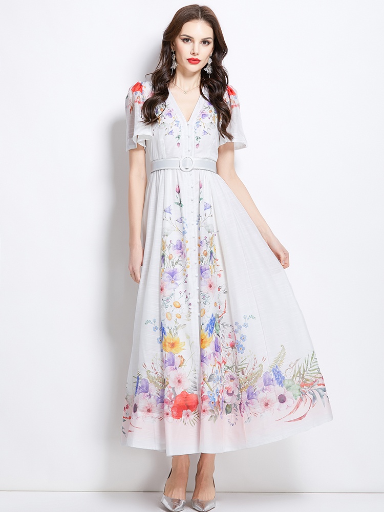 Flowers spring and summer long short sleeve retro dress