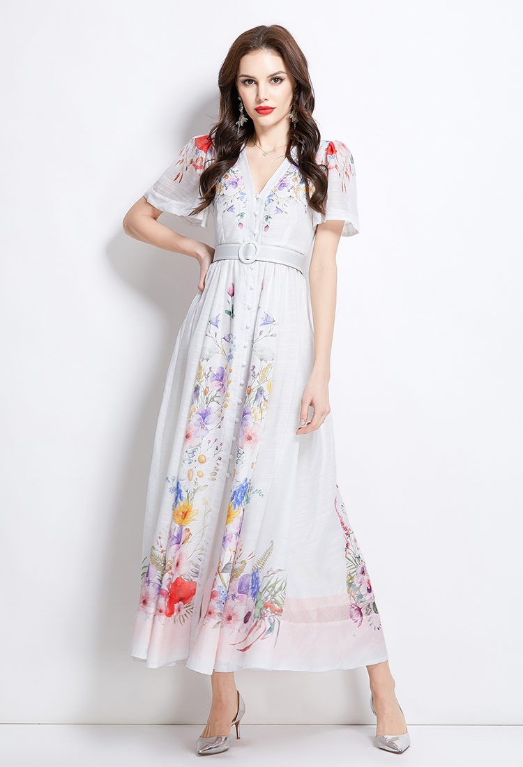 Flowers spring and summer long short sleeve retro dress