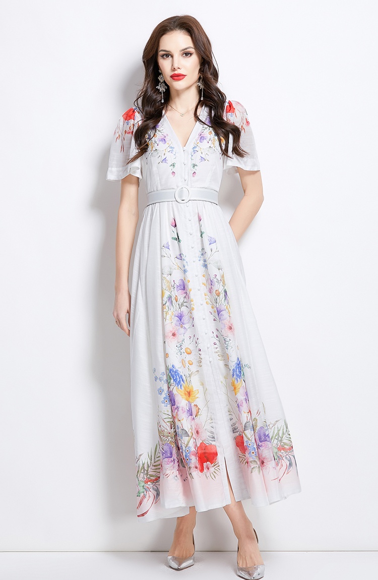 Flowers spring and summer long short sleeve retro dress