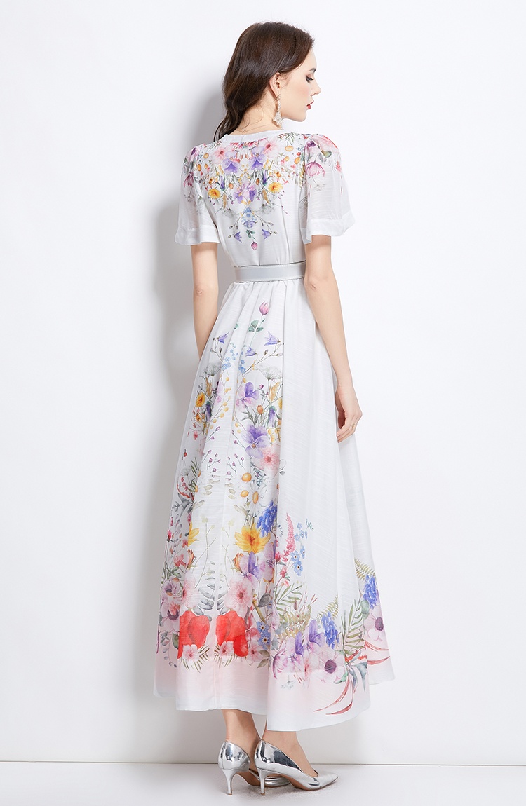 Flowers spring and summer long short sleeve retro dress