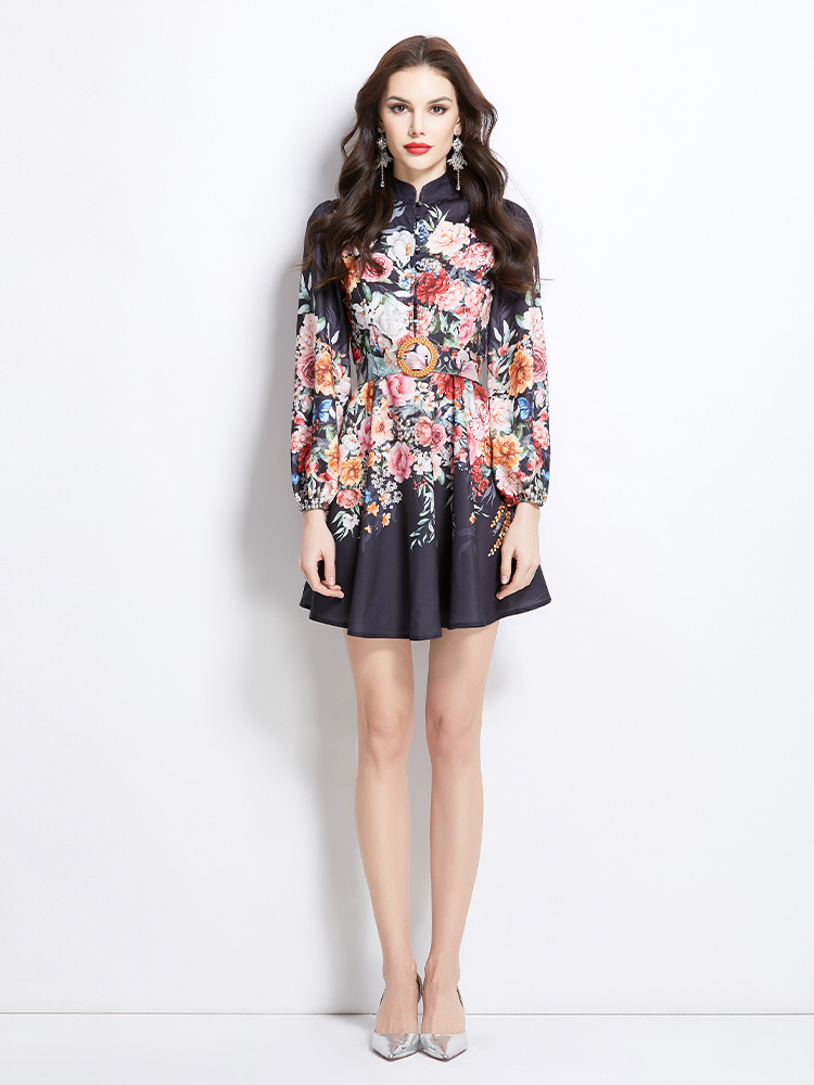 Spring and summer cstand collar vacation painting dress