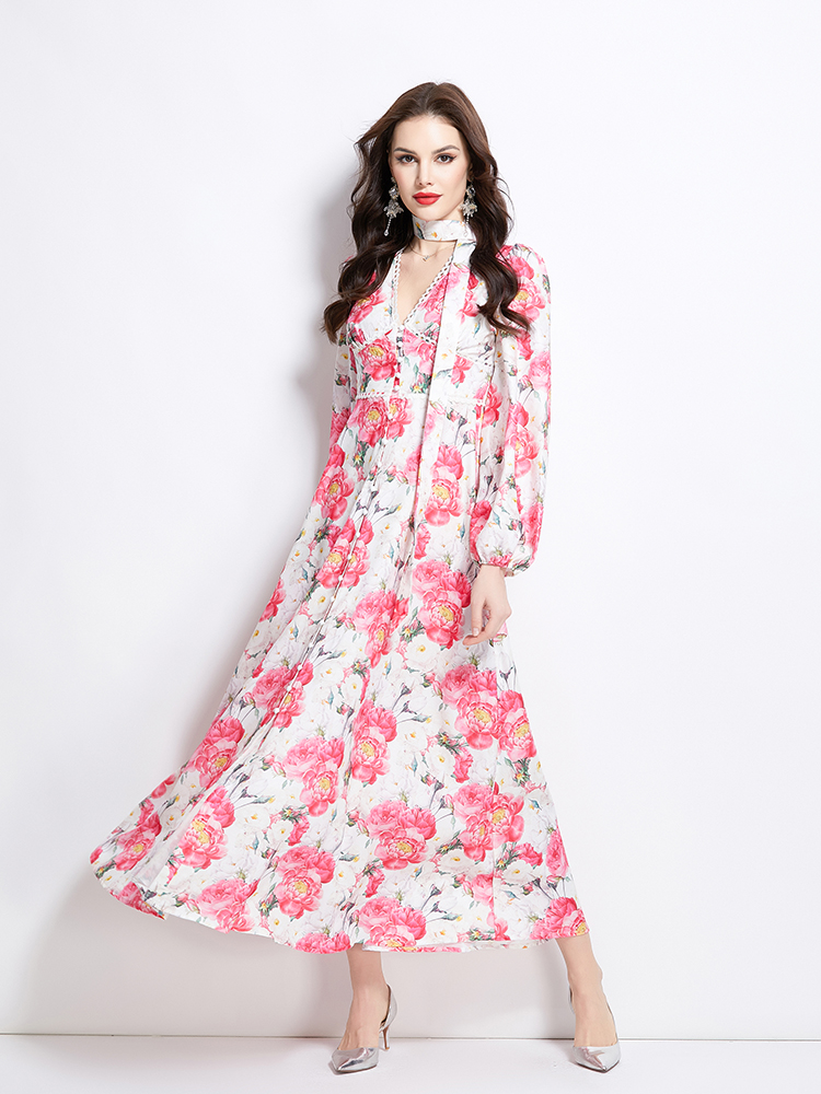 Flowers spring and summer long retro long sleeve dress