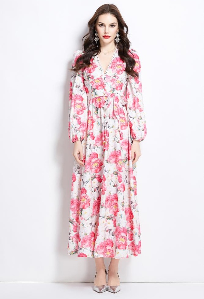 Flowers spring and summer long retro long sleeve dress