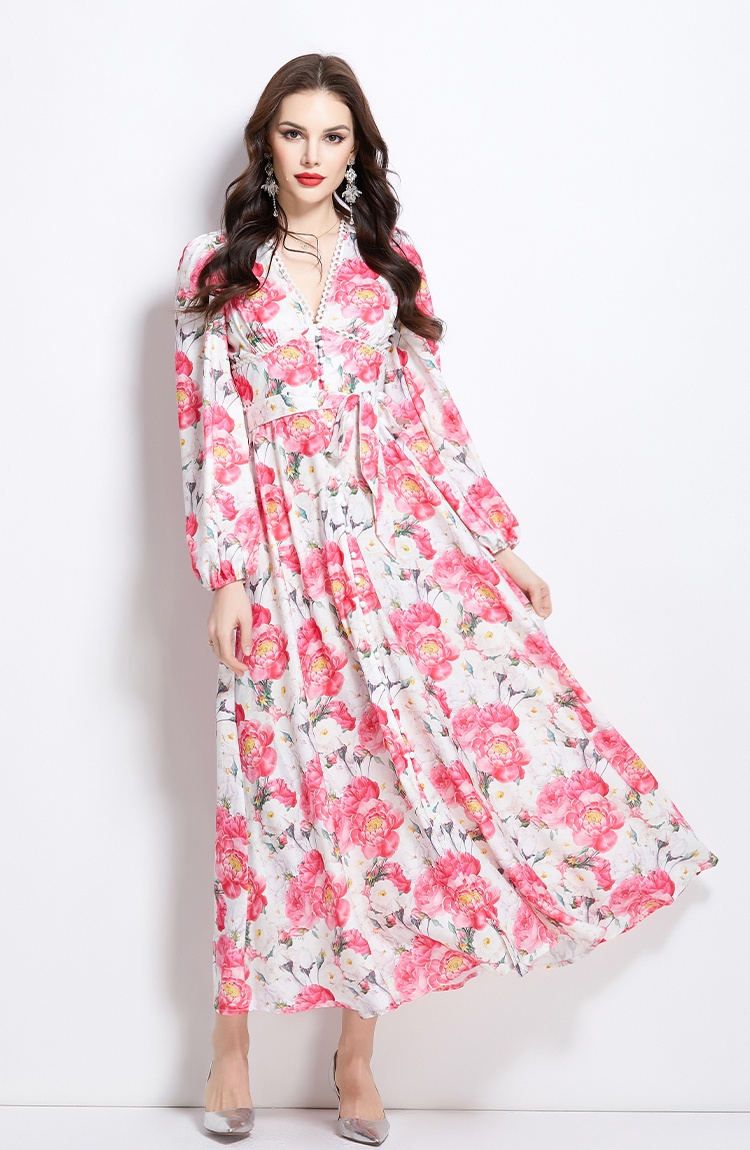 Flowers spring and summer long retro long sleeve dress