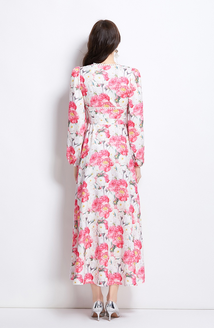 Flowers spring and summer long retro long sleeve dress