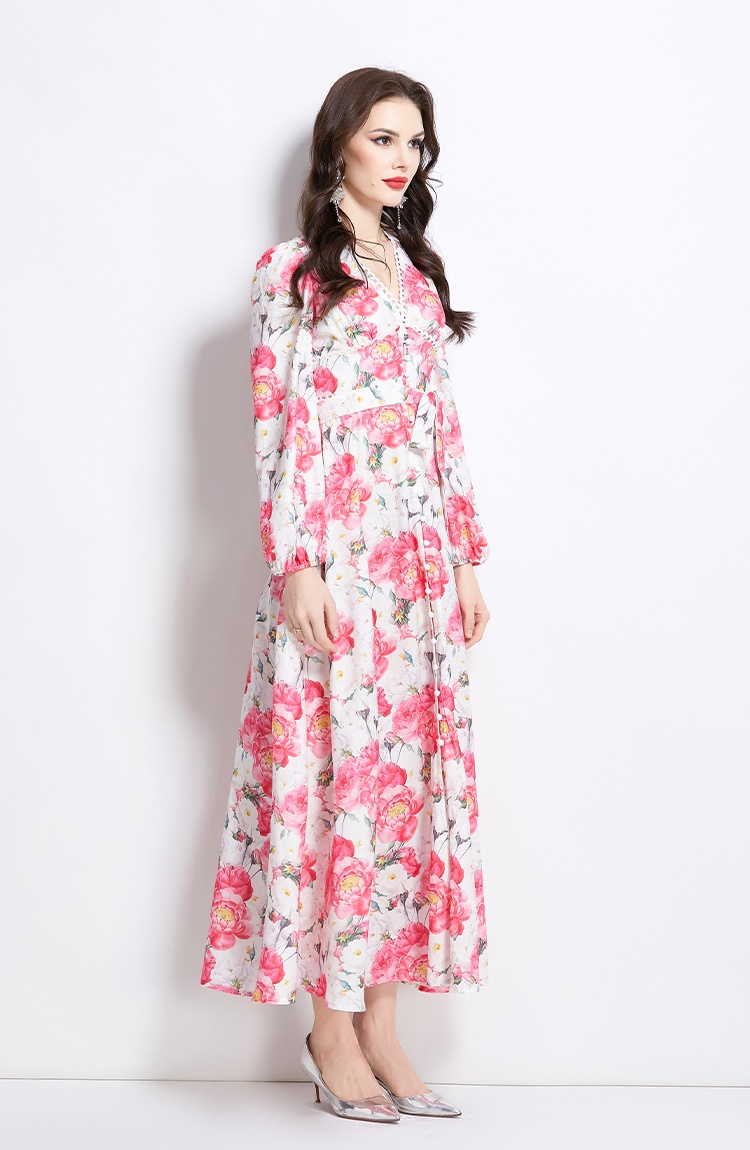 Flowers spring and summer long retro long sleeve dress