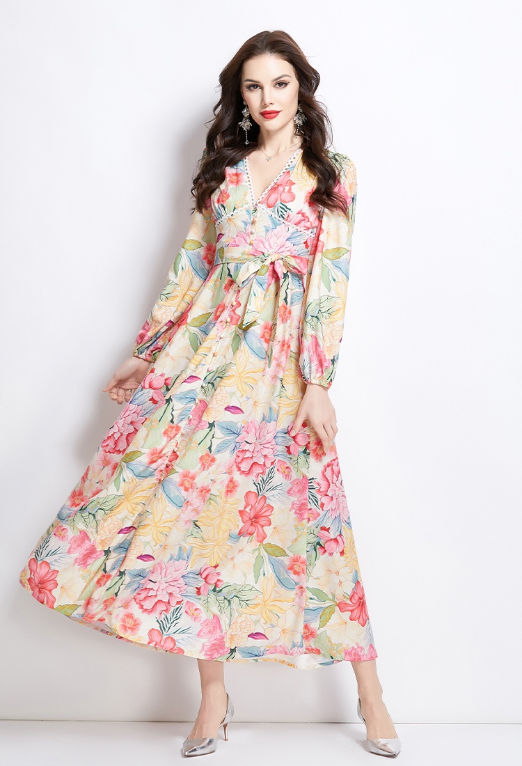 Long sleeve retro spring and summer long flowers dress