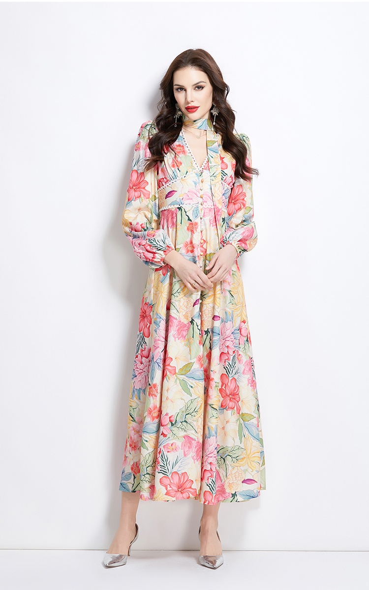 Long sleeve retro spring and summer long flowers dress