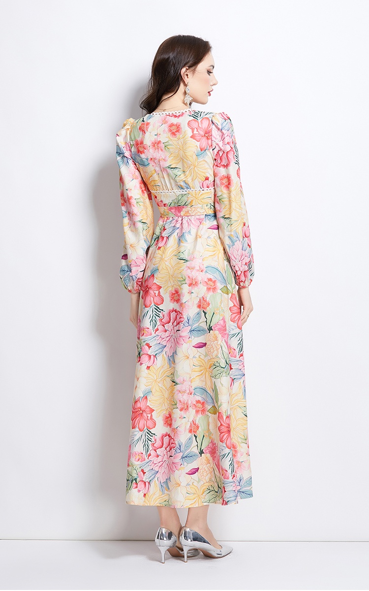 Long sleeve retro spring and summer long flowers dress