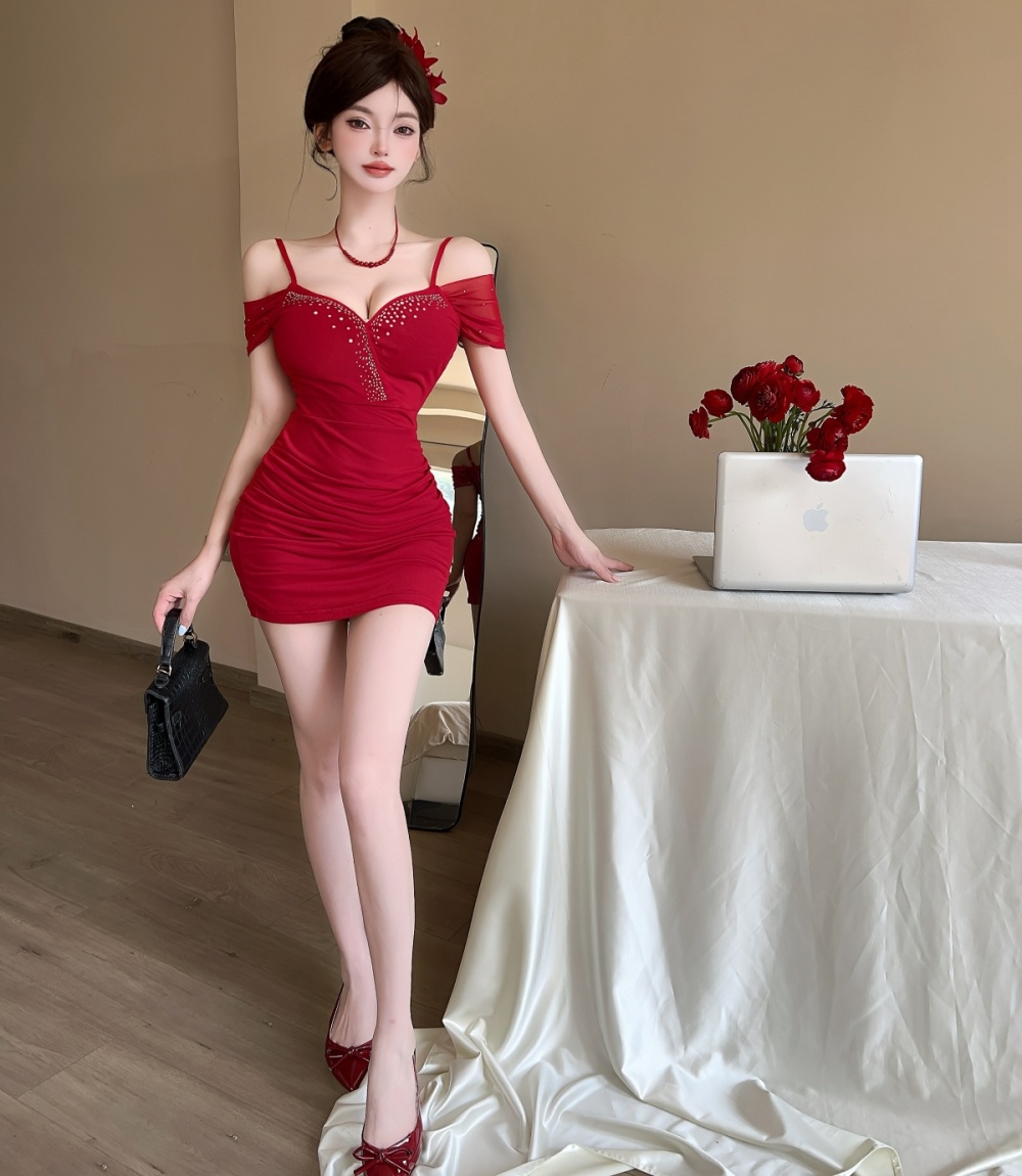 V-neck package hip gauze sexy slim tight strapless dress