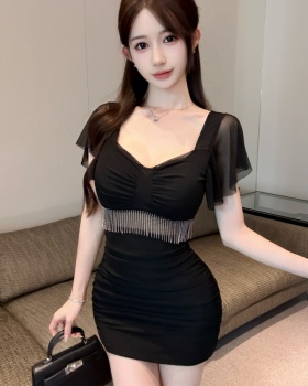 Splice hollow gauze bottoming package hip tassels short dress