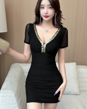 Bottoming mixed colors sexy package hip gauze dress