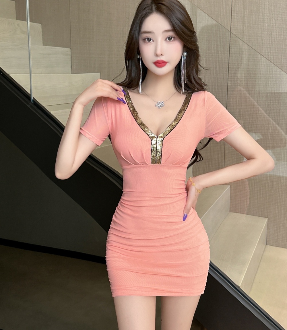 Bottoming mixed colors sexy package hip gauze dress