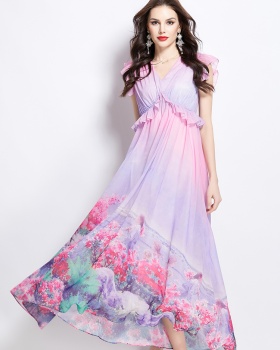 Flowers retro boats sleeve long spring dress