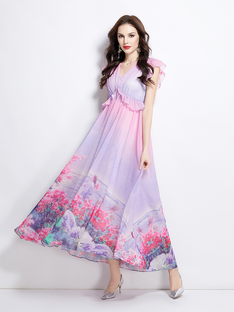 Flowers retro boats sleeve long spring dress