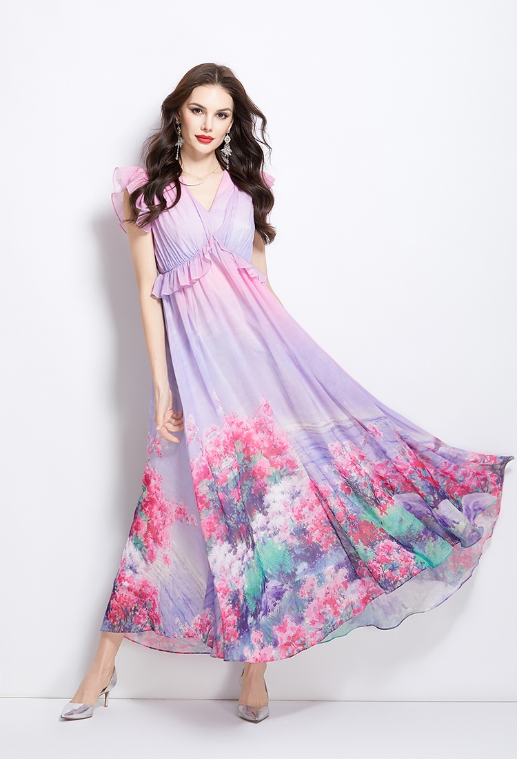 Flowers retro boats sleeve long spring dress