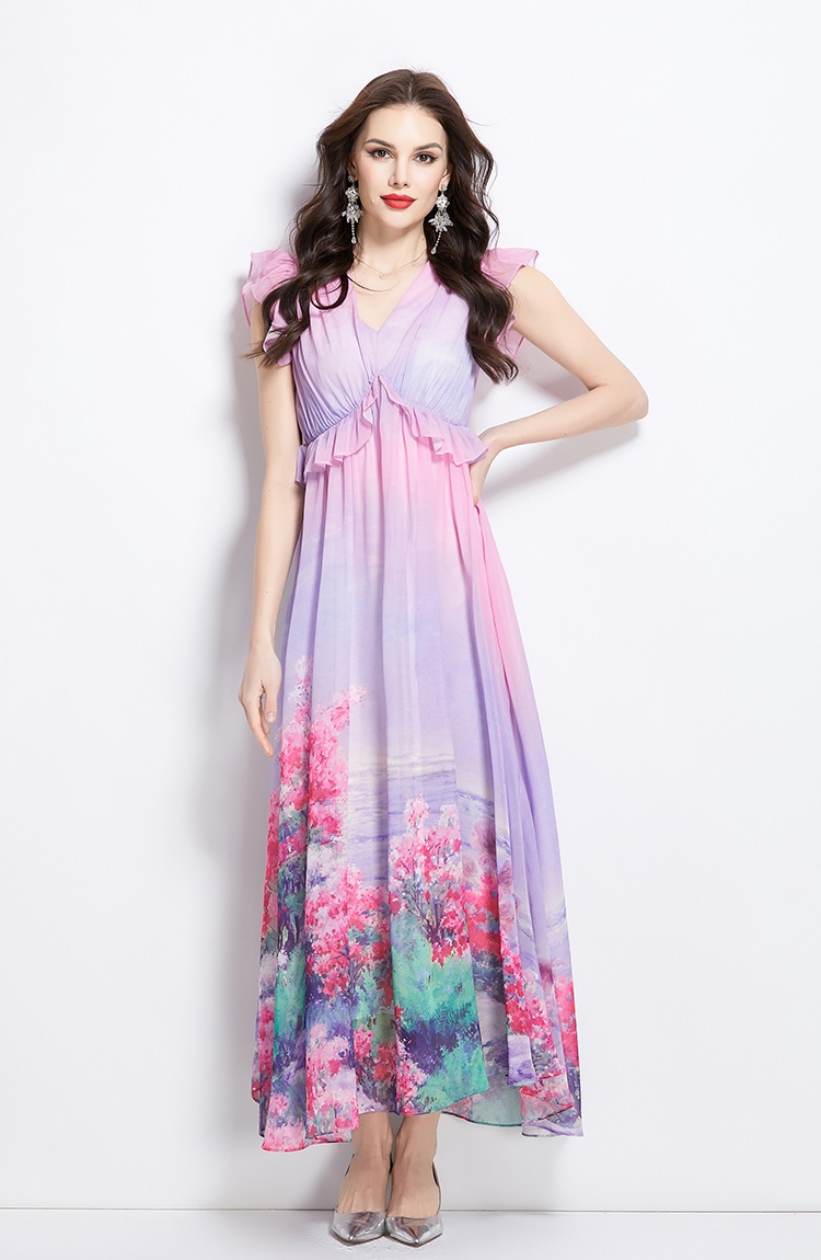 Flowers retro boats sleeve long spring dress