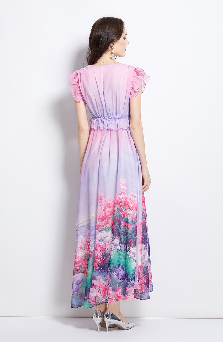 Flowers retro boats sleeve long spring dress