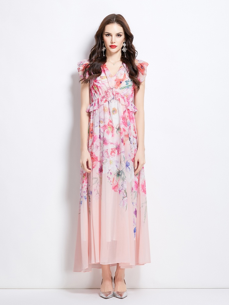 Spring flowers long retro boats sleeve dress