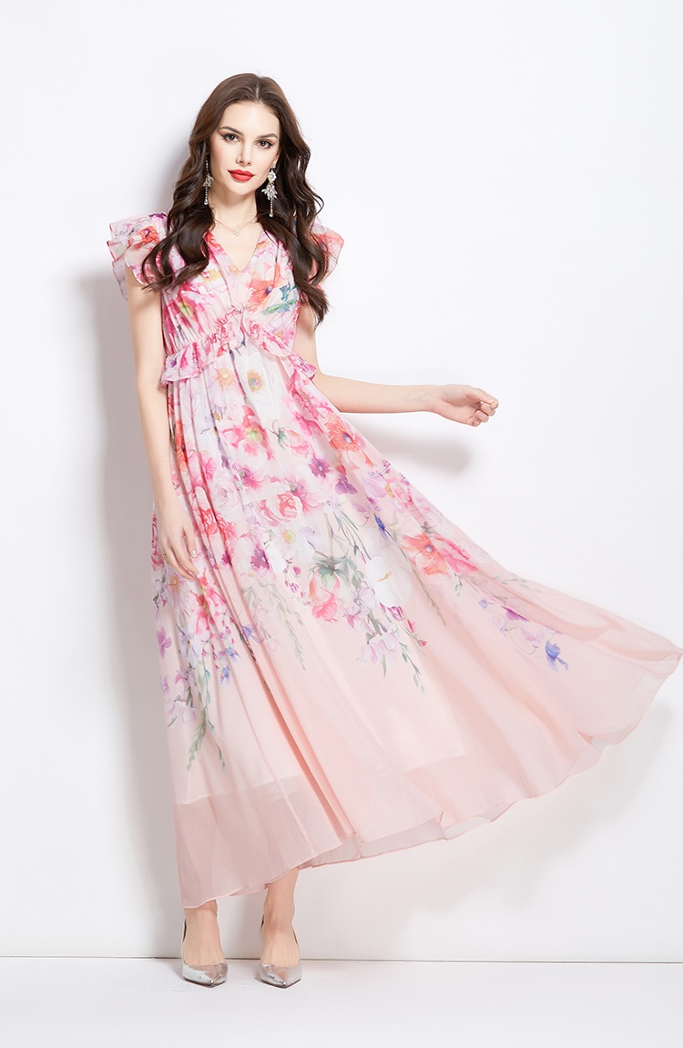 Spring flowers long retro boats sleeve dress