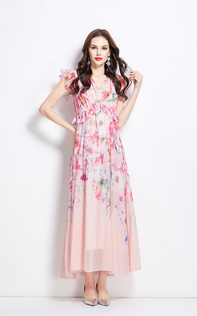 Spring flowers long retro boats sleeve dress