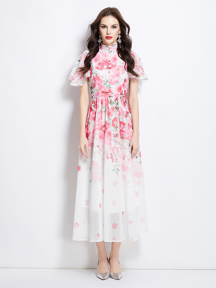 Colors floral spring and summer cstand collar dress