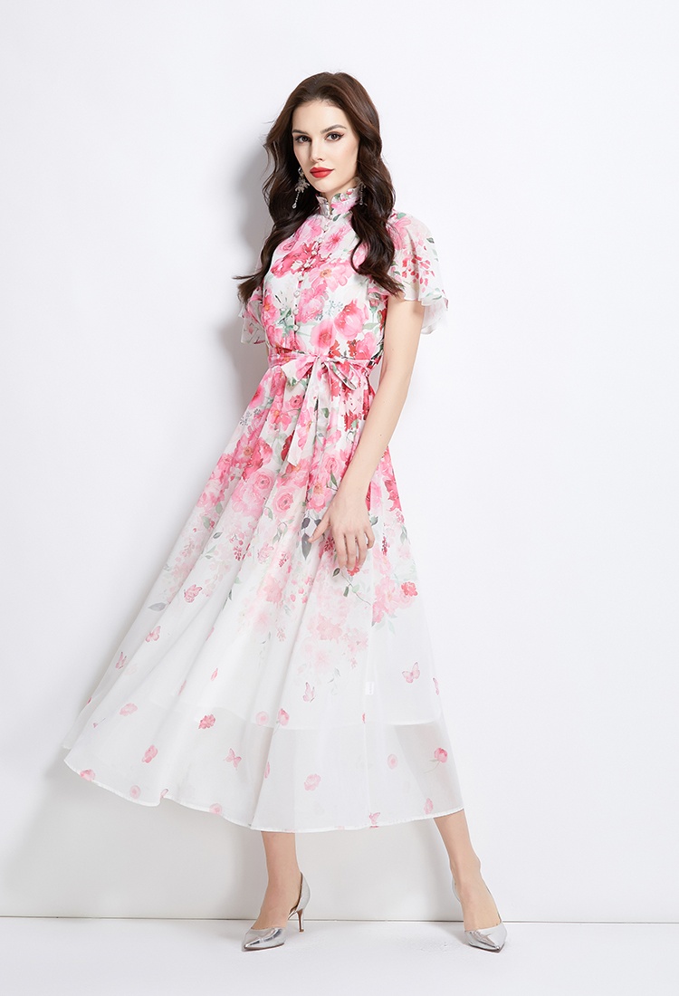 Colors floral spring and summer cstand collar dress