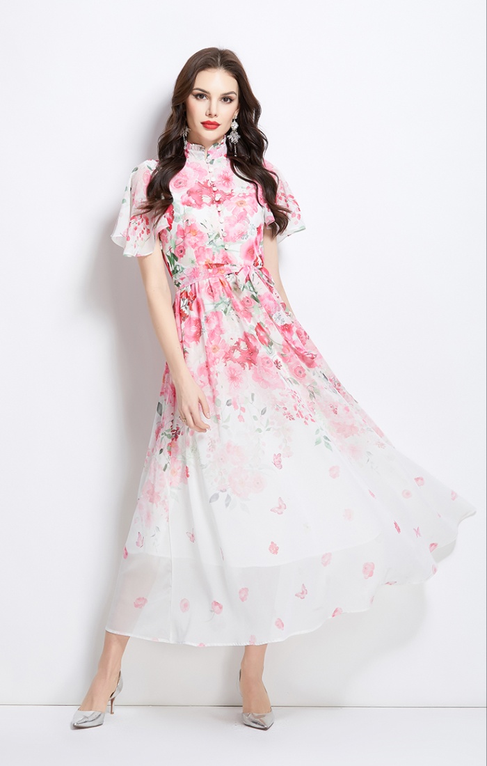 Colors floral spring and summer cstand collar dress