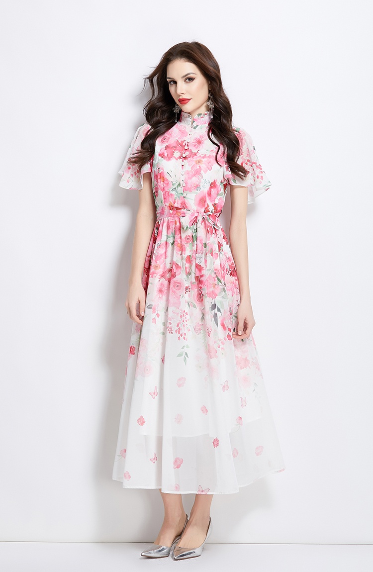 Colors floral spring and summer cstand collar dress