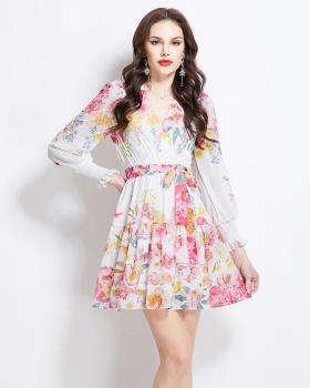 Flowers short spring and summer painting V-neck dress