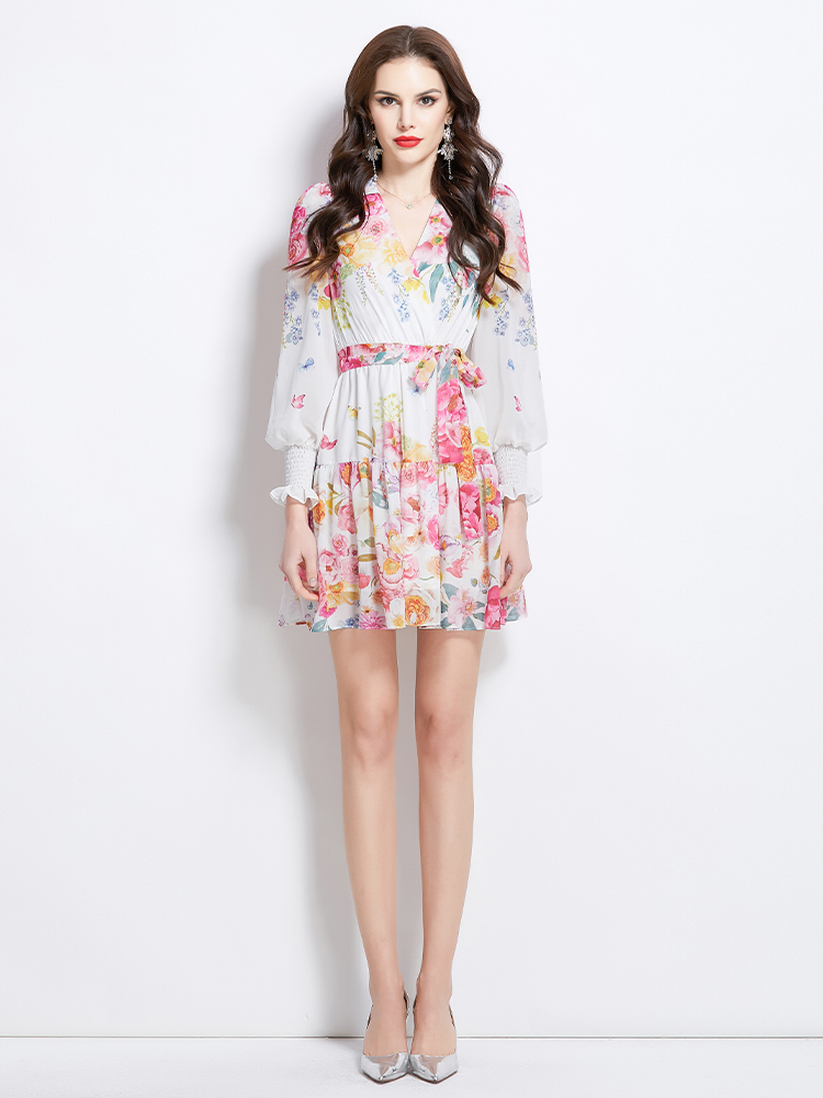 Flowers short spring and summer painting V-neck dress