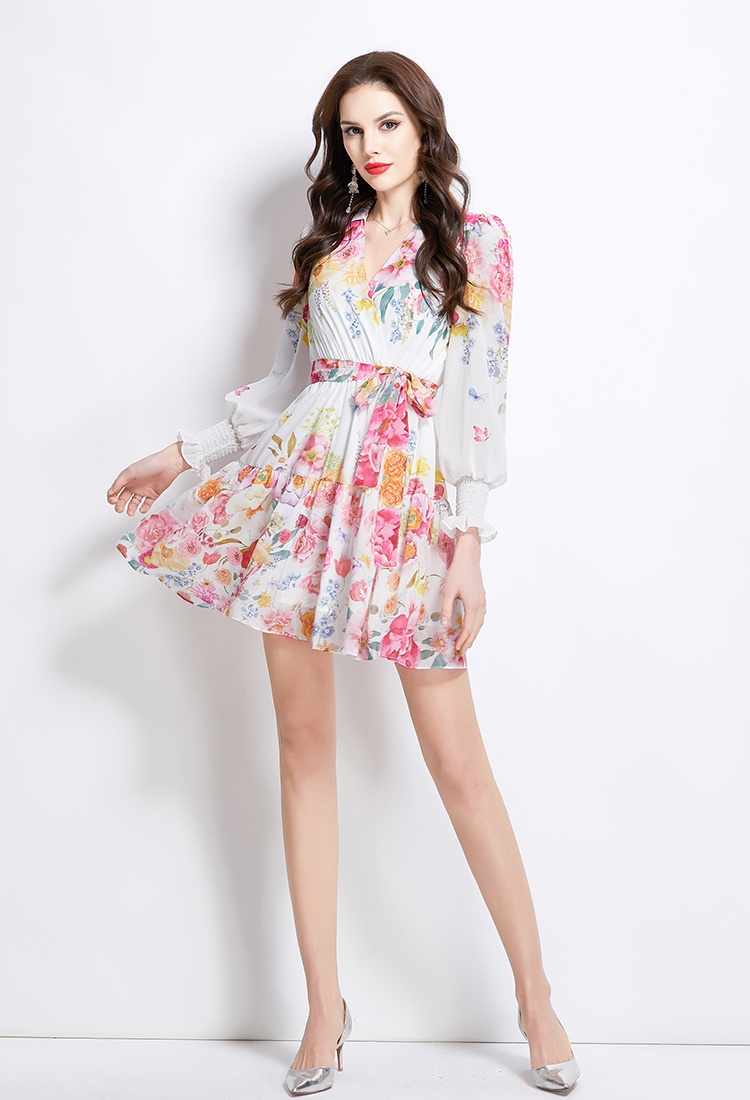 Flowers short spring and summer painting V-neck dress