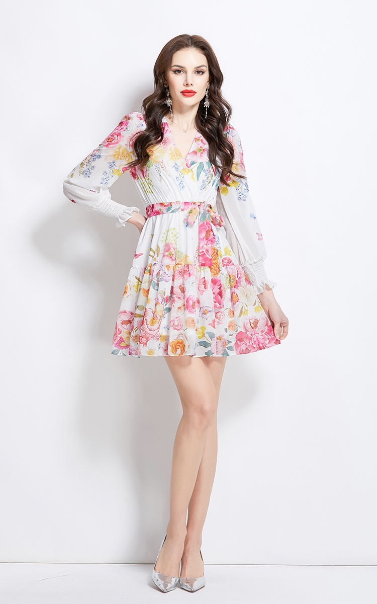 Flowers short spring and summer painting V-neck dress