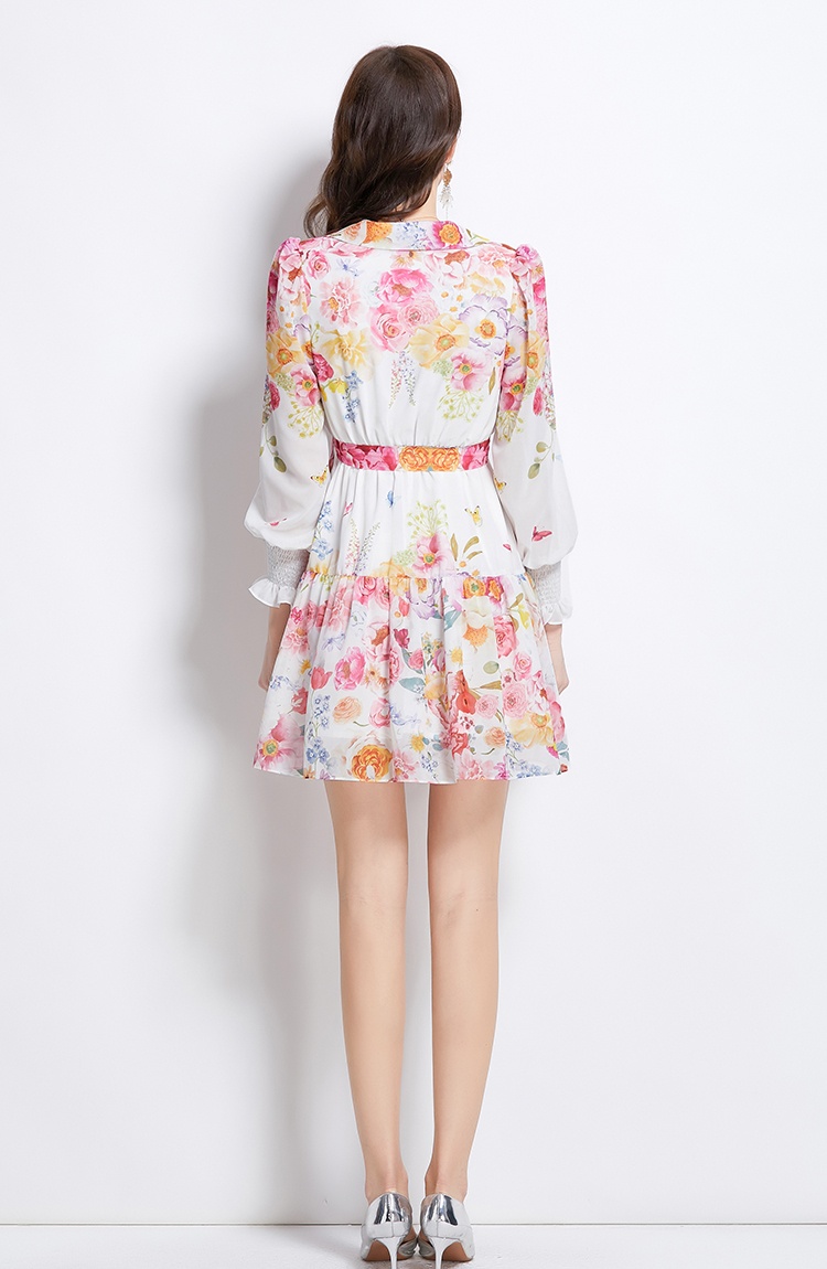 Flowers short spring and summer painting V-neck dress