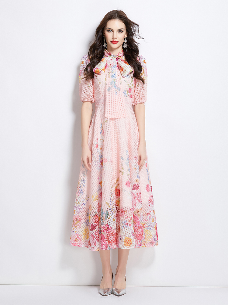 Long painting puff sleeve flowers spring and summer dress