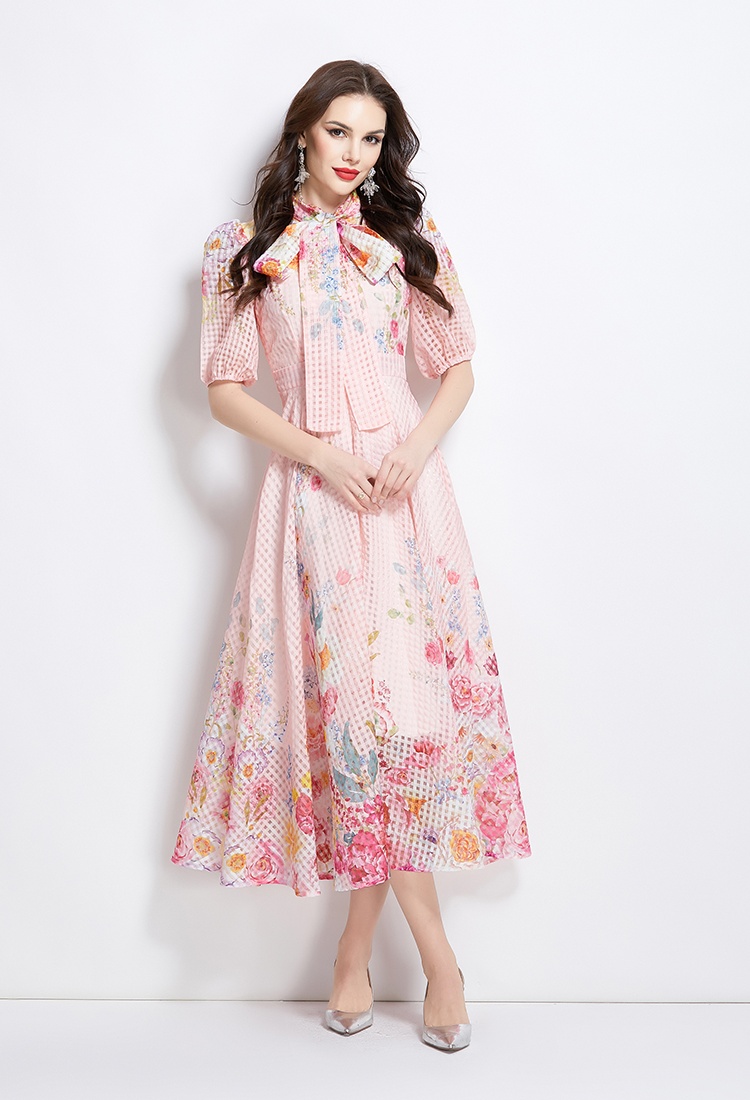 Long painting puff sleeve flowers spring and summer dress