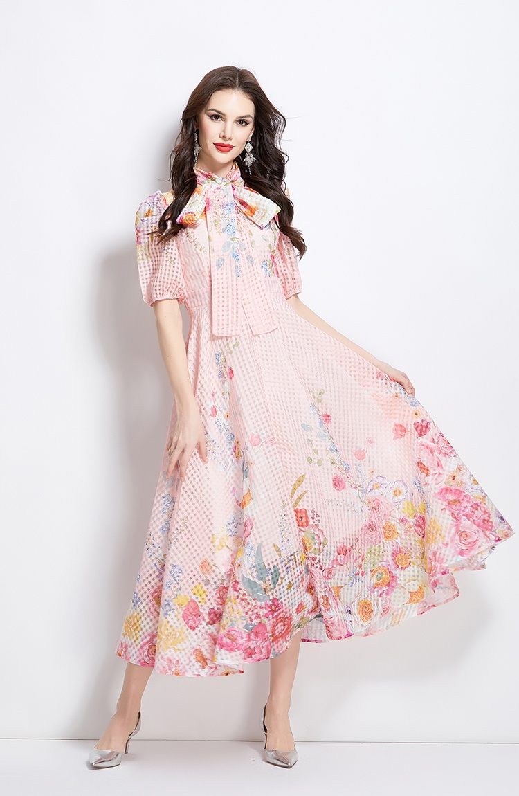 Long painting puff sleeve flowers spring and summer dress