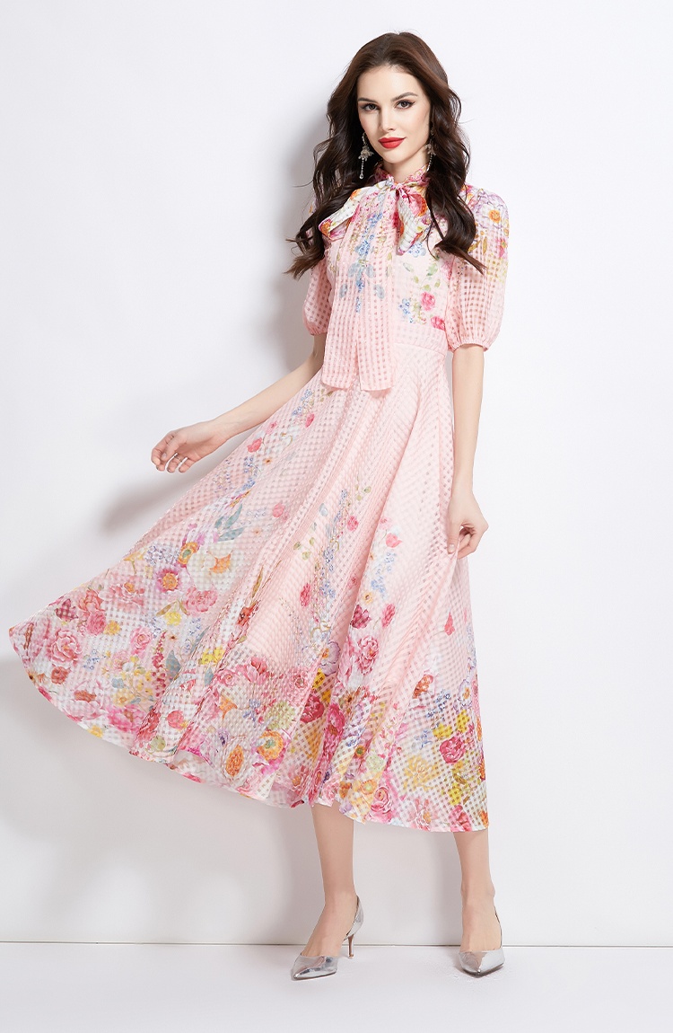 Long painting puff sleeve flowers spring and summer dress