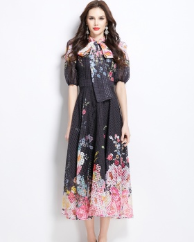 Flowers puff sleeve long painting spring and summer dress