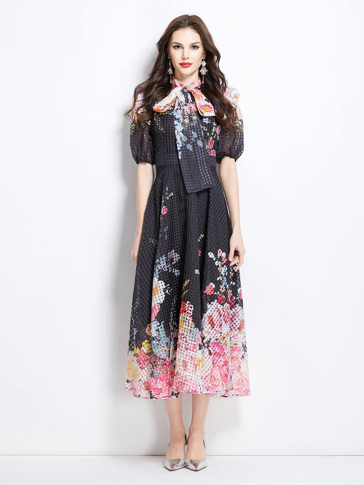 Flowers puff sleeve long painting spring and summer dress