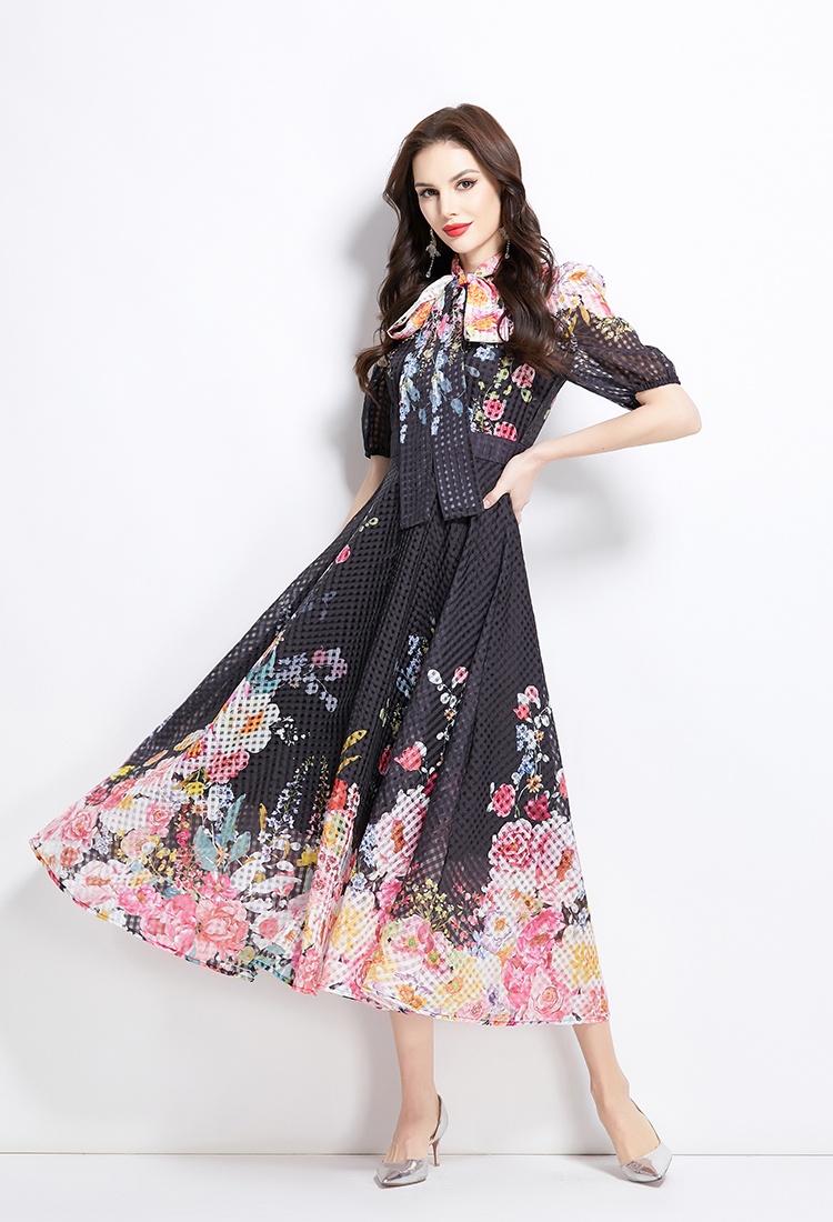 Flowers puff sleeve long painting spring and summer dress