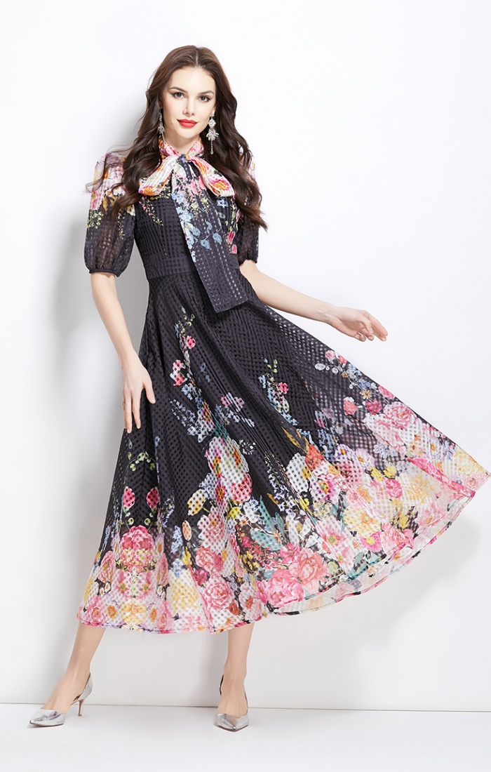 Flowers puff sleeve long painting spring and summer dress