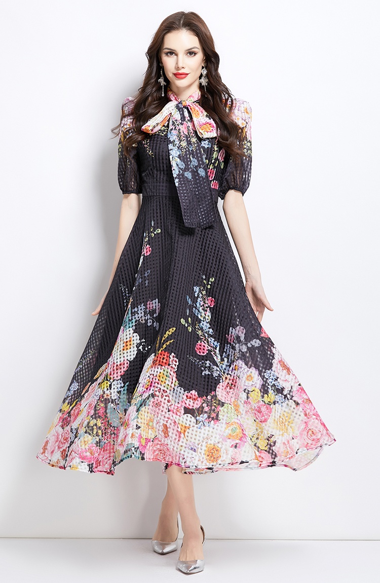 Flowers puff sleeve long painting spring and summer dress